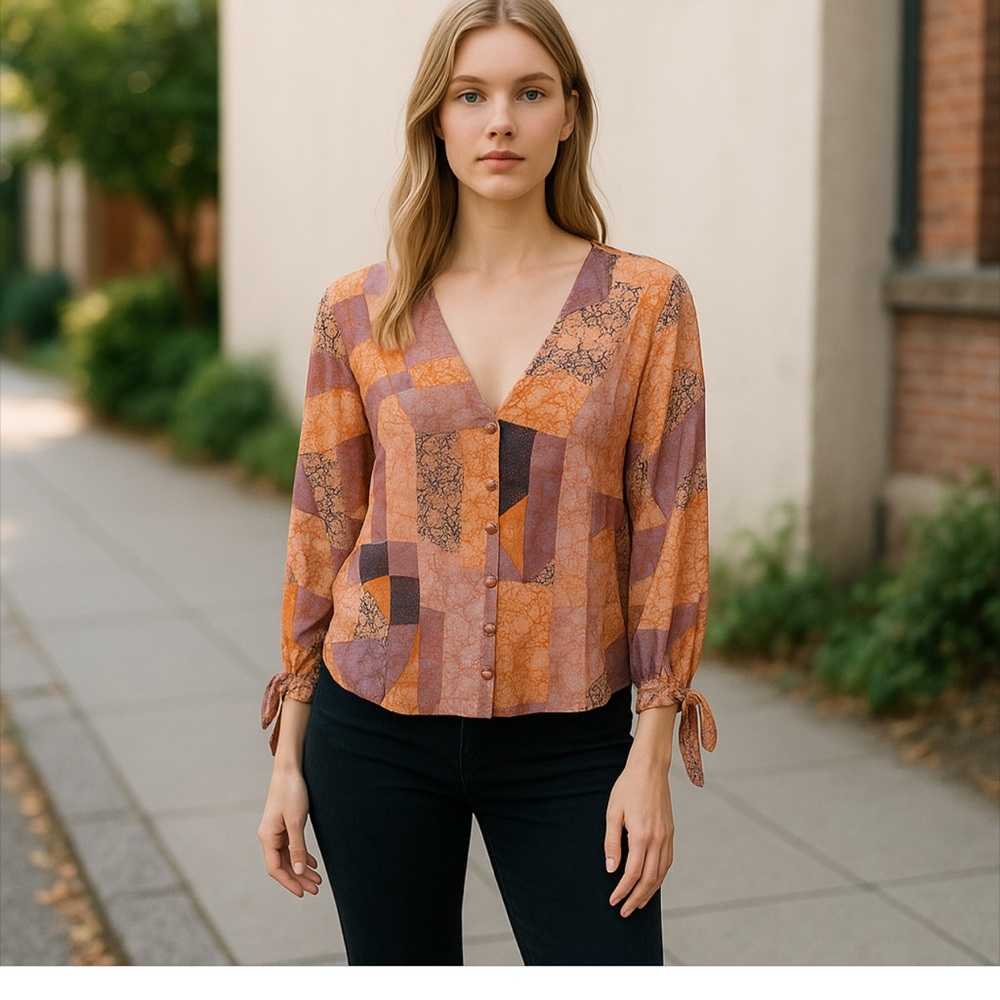 Lovstitch Patchwork V-Neck Top - Orange and Purple - Picture 2 of 9